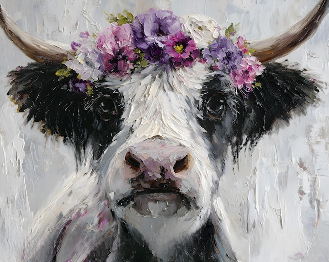 Floral Crown Highland Cow Print: Boho Farmhouse Wall Art