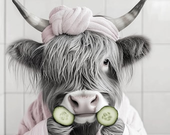 Funny Highland Cow Bathroom Print, Spa Cow Wall Art