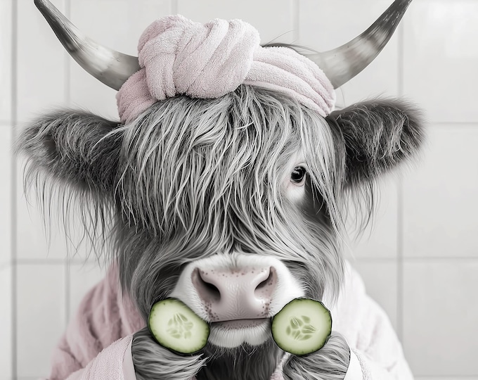 Funny Highland Cow Bathroom Print, Spa Cow Wall Art