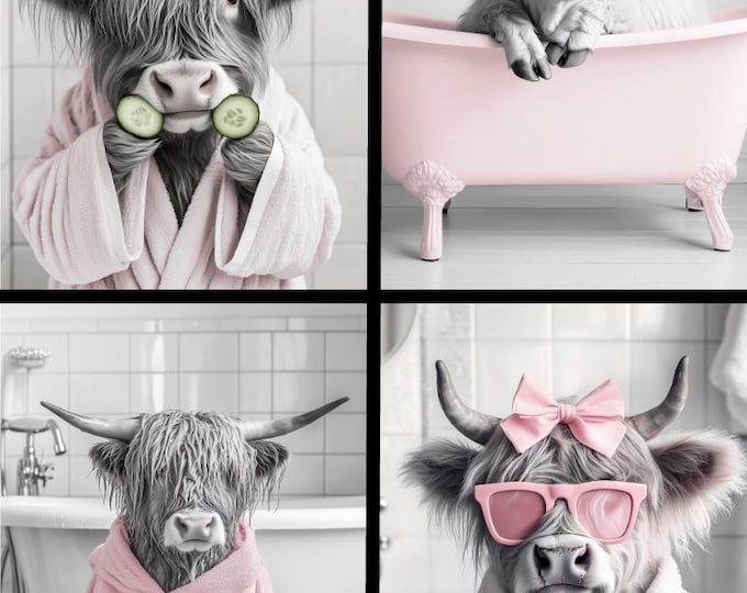 Funny Highland Cow Bathroom Art Print, Spa Day Theme
