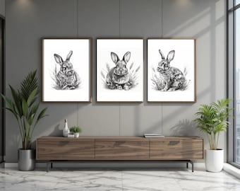 Bunny Rabbit Set of 3 Wall Art Poster Prints Kitchen - Bathroom - Bedroom