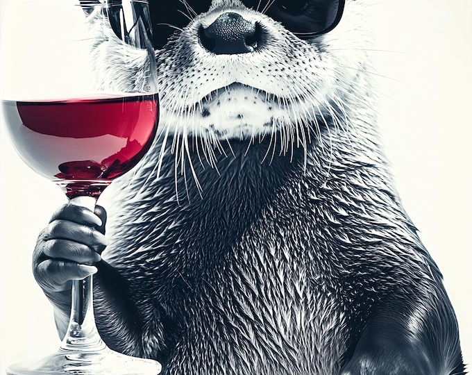 Otter Drinking a Glass of Wine Wall Art Print: Fun Gift, Framed Poster  or Print Only.