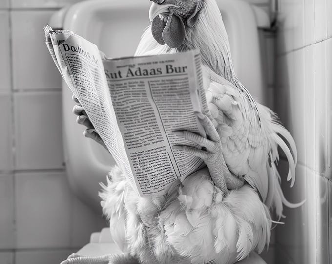 Funny Chicken Newspaper Print, Bathroom Toilet Wall Art