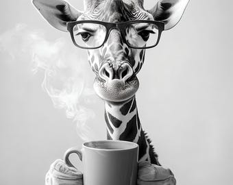 Giraffe with Coffee Art Print, Quirky Animal Photo