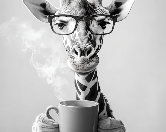 Giraffe with Coffee Art Print, Quirky Animal Photo