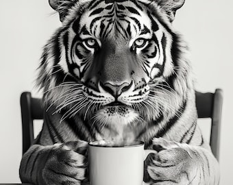 Tiger with Coffee Mug Art Print, Quirky Animal Photo