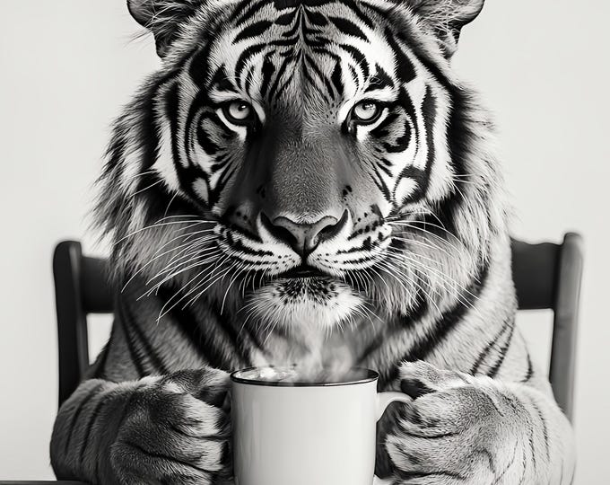 Tiger with Coffee Mug Art Print, Quirky Animal Photo