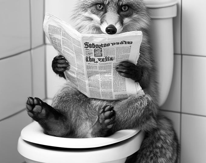 Fox Reading Newspaper in Toilet Print, Funny Bathroom Wall Art
