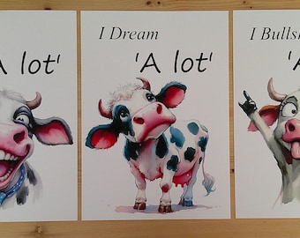 Funny Cow Poster Prints, Set of 3, Bathroom Wall Art