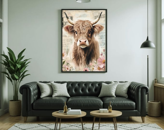 Highland Cow Shabby Chic Watercolour Wall Print Art Print 4