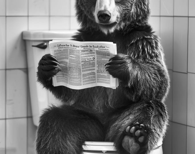 Bear on Toilet Reading Newspaper Art Print, Funny Bathroom Decor