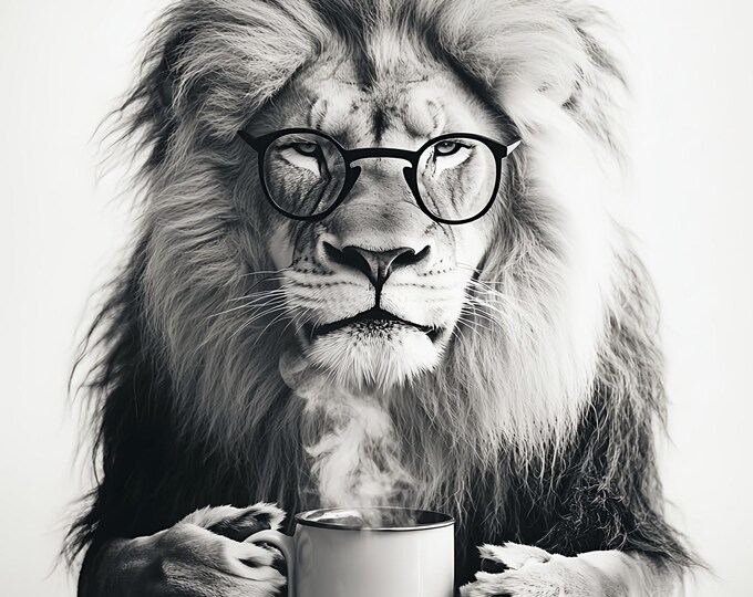 Lion Drinking Coffee Wall Art Print: Fun Gift, Framed Poster  or Print Only.