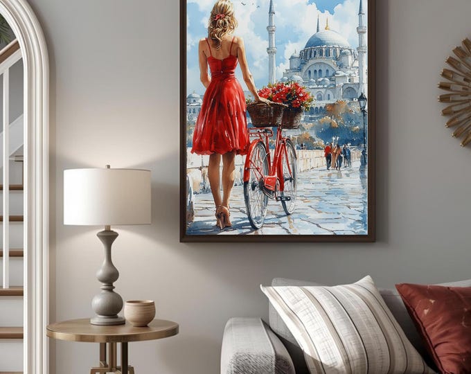 Lady in Red viewing the Scenery with Her Push Bike Watercolour Wall Print