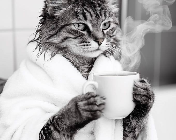 Fun Cat in a Bathrobe Drinking a Coffee Print, Bathroom Wall Art