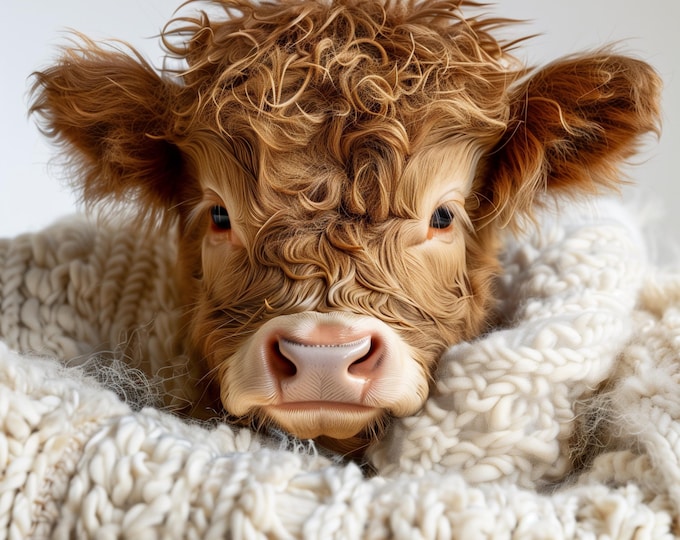 Highland Cow Calf Wearing a Sweater Watercolour Wall Print Art