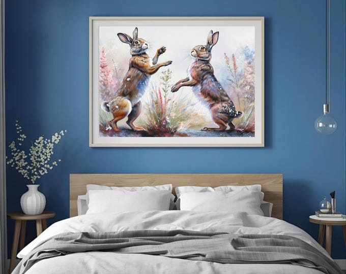 2 Boxing Hares in a Field  Landscape Watercolour Wall Print Art