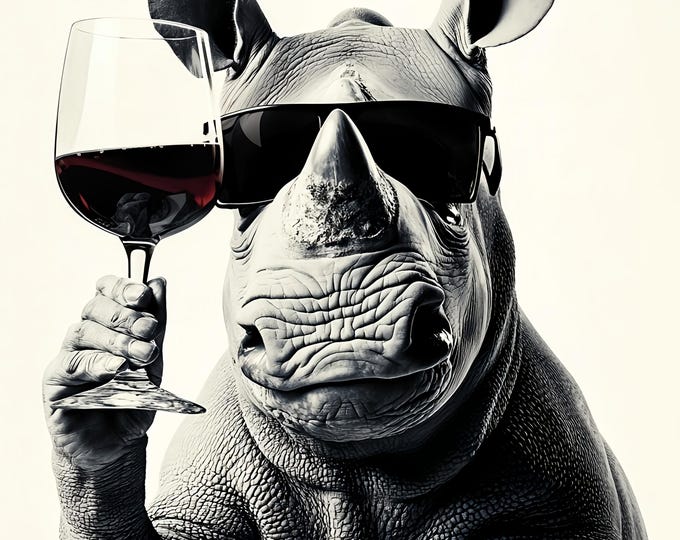 Rhino Drinking a Glass of Wine Wall Art Print: Fun Gift, Framed Poster  or Print Only.
