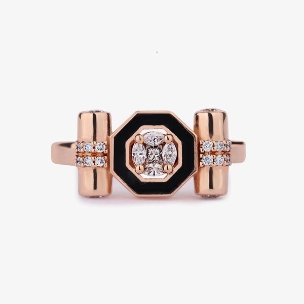 Black Enamel Ring, Marquise & Princess Cut Moissanite Engagement Ring, Five Stone Ring, Unique Hexagon Shaped Enamel Ring, 14k Solid Gold