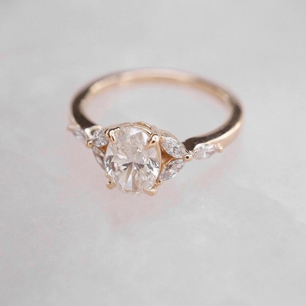 Solitaire With Accent Ring, Seven Stone Wedding Ring, Oval & Marquise Cut Moissanite Engagement Ring, Unique Delicate Ring, 14k Solid Gold