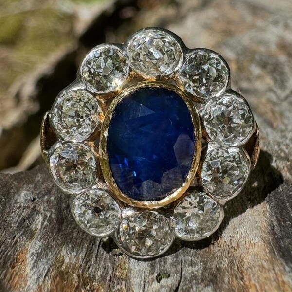 Antique Art Deco Ring, Blue Sapphire Ring, Oval & Round Cut Diamond Engagement Ring, Sapphire And Halo Bezel Set Ring, Two Tone 925 Silver