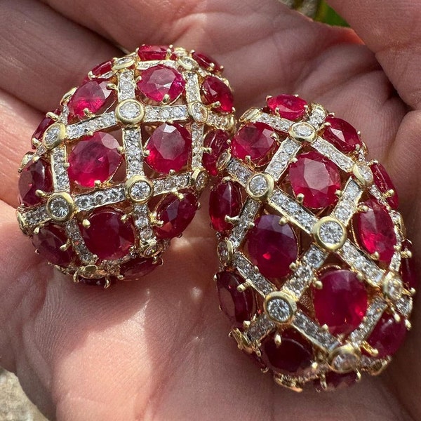 Red Ruby Earrings,  Oval & Round Cut Diamond Engagement Earrings, Large Basket Weave Egg Shape Statement Earrings, Bezel Set 14k Solid Gold