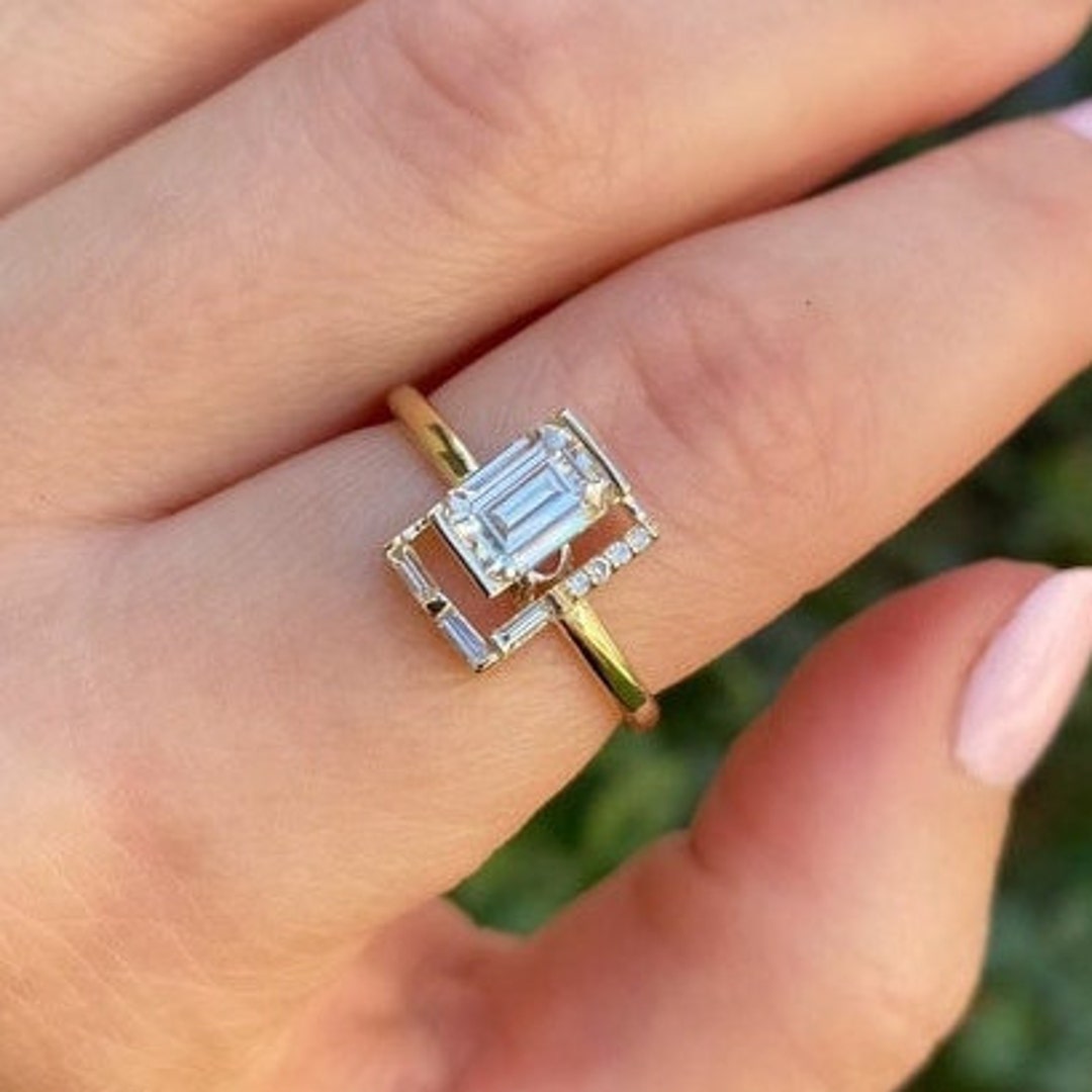2 CT Emerald Cut Moissanite Engagement Ring, 14K Solid White