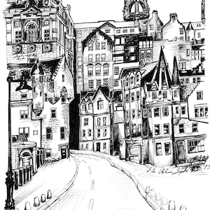 Edinburgh, Artwork, Hand Drawing, Ink Pen Drawing, Giclee Print, Scotland, United Kingdom