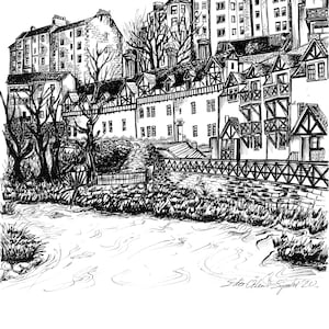 Edinburgh Dean Village, Artwork, Hand Drawing, Ink Pen Drawing, Giclee Print, Edinburgh, Scotland, United Kingdom