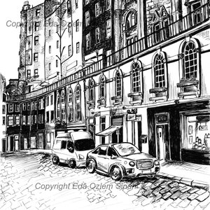 Edinburgh Victoria Street, Artwork, Hand Drawing, Ink Pen Drawing, Giclee Print, Edinburgh, Scotland, United Kingdom