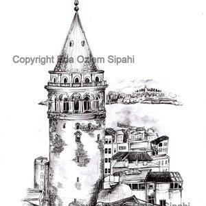 Galata Tower, Artwork, Hand Drawing, Ink Pen Drawing, Giclee Print, Istanbul, Turkey