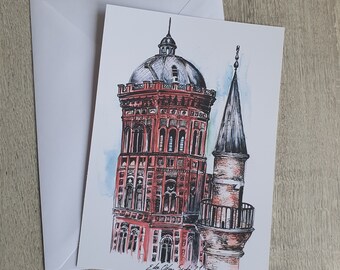 Griechische Schule und Mevlevi-Moschee Postkarte, Architekturpostkarte, Handzeichnung, Tuschestiftzeichnung, Druck, Balat, Istanbul, Türkei