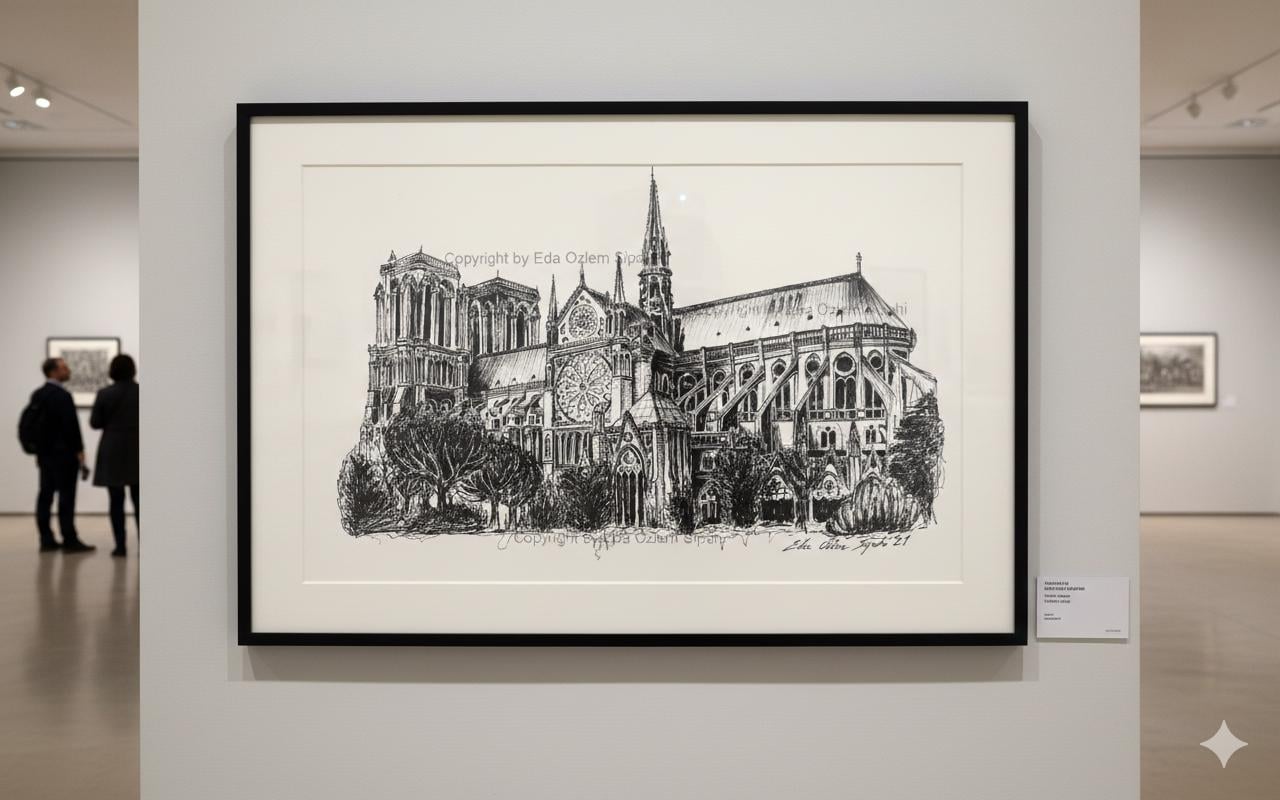 Notre Dame Cathedral Ink Drawing Print, Paris Architectural Sketch