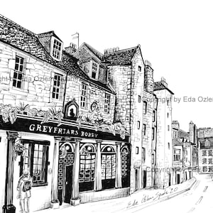 Edinburgh Grey-Friars Bobby, Artwork, Hand Drawing, Ink Pen Drawing, Giclee Print, Edinburgh, Scotland, United Kingdom