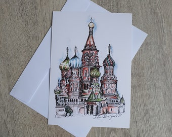 Rode vierkante ansichtkaart, architecturale ansichtkaart, handtekening, inktpentekening, print, Moskou, Rusland