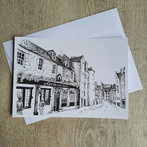Edinburgh Grey-Friars Bobby Postcard, Architectural Postcard, Hand Drawing, Ink Pen Drawing, Print, Edinburgh, Scotland, United Kingdom