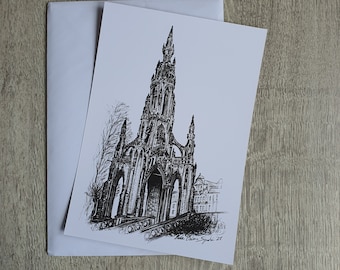 Scott Monument Edinburgh Ink Drawing Postcard, Architectural Sketch Art Print (A5/A6)