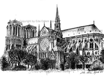 Notre Dame Cathedral Ink Drawing Print, Paris Architectural Sketch, France Landmark Illustration