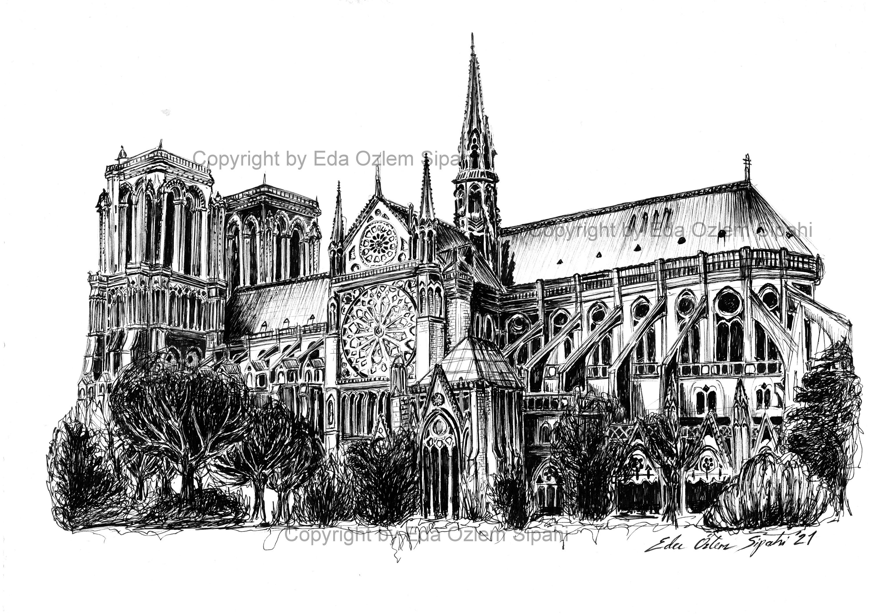 Notre Dame Cathedral Artwork Hand Drawing Ink Pen Drawing | Etsy