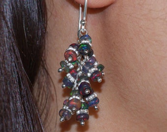 Round Fire Ethiopian opal beaded earrings for women, Vintage black fire opal jewelry, 925 Sterling silver earrings, Natural fire opal beads