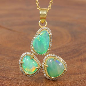 AAA Green Opal Three Stone Charm Pendant Necklace, Genuine Fire Opal Gold Charm Necklace, October Birthstone Jewelry, Handmade Necklace
