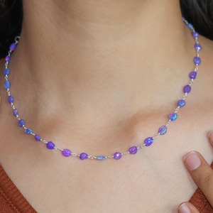 Natural lavender fire Ethiopian opal beaded wire wrap chain necklace for women, October birthstone, Minimalist Opal necklace, Gift for her