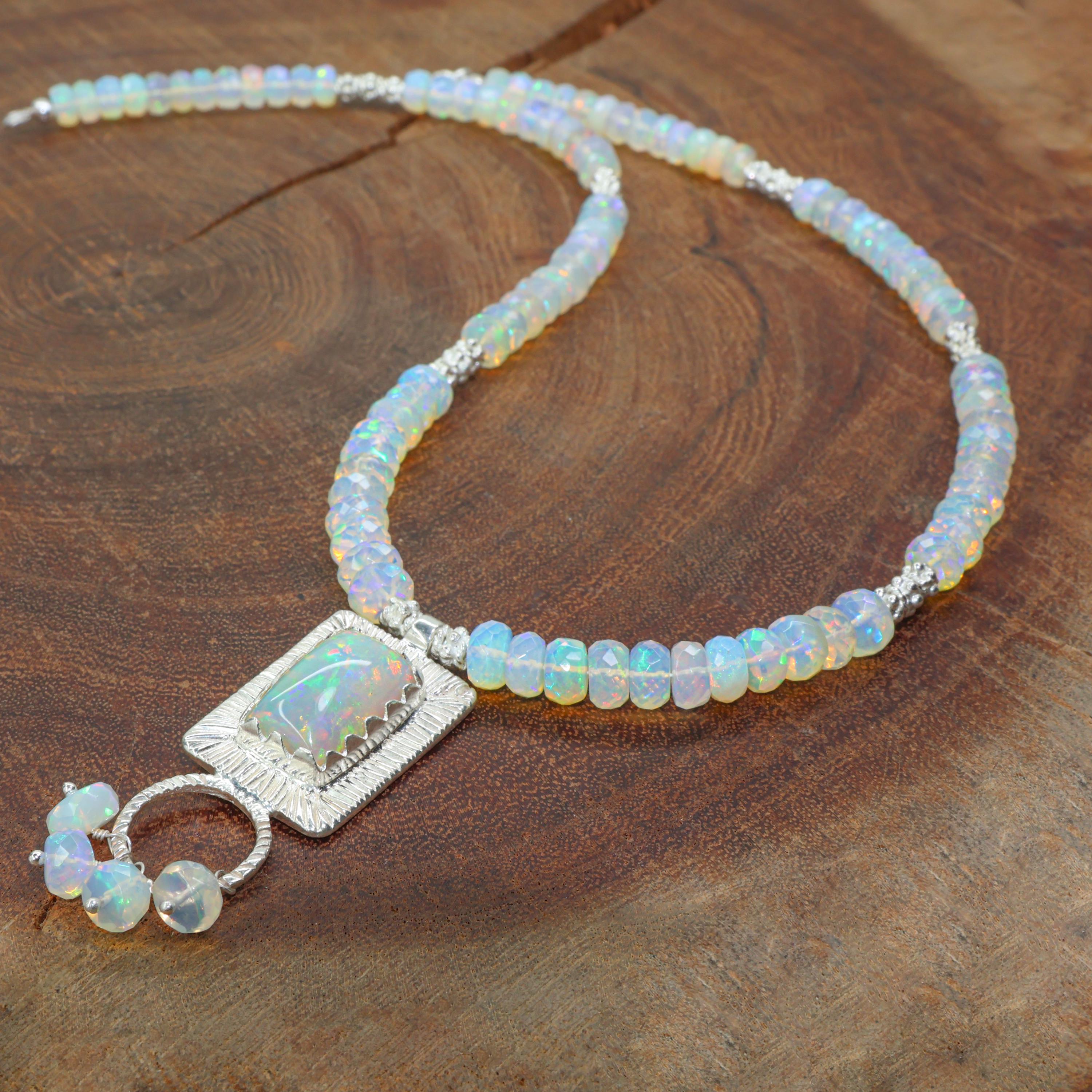 Ethiopian Multifire Opal Gemstone Silver Charm Necklace, Genuine Fire Opal Faceted Beads Charm Necklace, Opal Pendant Necklace for Her
