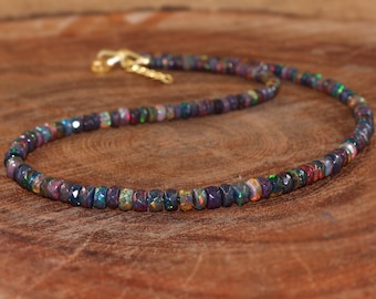 Ethiopian Fire Opal Beaded Necklace, Sterling Silver, AAA Opal Jewelry