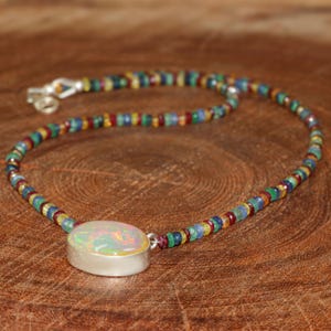 Natural Fire Opal Silver Charm Necklace, Black Opal Beaded Necklace, Multifire Opal Gemstone Silver Necklace, AAA Quality Opal Charm Jewelry