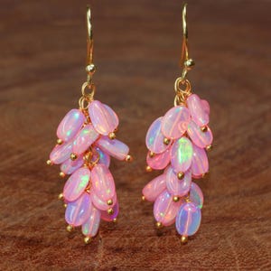 Pink Fire Opal Gemstone Cluster Earring, Multifire Opal Nugget Beads Earrings, Opal Smooth Beads Earrings for Women, Opal Handmade Earrings