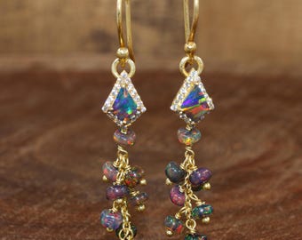 Black opal earrings, Minimalist earrings, October birthstone, Fire opal earrings, earrings for her, AAA Ethiopian opal earrings gift for her