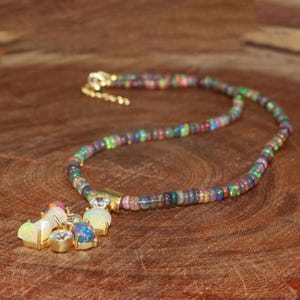 White Opal Gold Charm Beaded Necklace, Black Opal Gemstone Beaded Pendant Necklace, Ethiopian Opal Gold Jewelry, October Birthstone