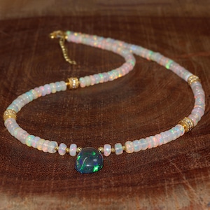 Vintage fire Ethiopian opal beaded with Black cabochon charm necklace for women, AAA Ethiopian opal necklace, Handmade necklace Gift for her