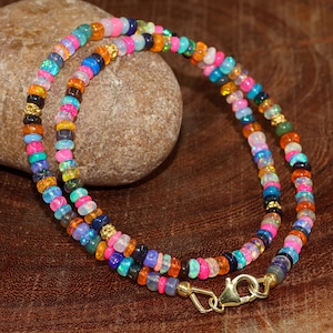 Handmade multi color Ethiopian opal beaded necklace for women, natural fire opal necklace, AAA Ethiopian opal necklace, October birthstone