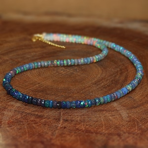 Genuine Black Opal Faceted Beads Shaded Necklace, Fire Black Opal Stone Beaded Necklace, Opal Handmade Necklace, October Birthstone Jewelry